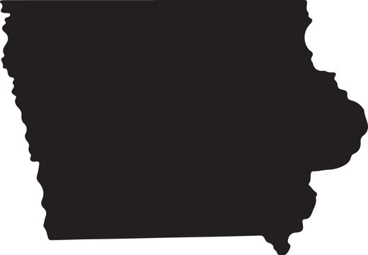 Black silhouette map of the state of iowa with a distinct shape outline.