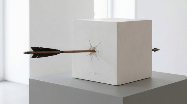 A striking modern art sculpture features a single arrow piercing a white cubic block, embedded halfway through, symbolizing impact and penetration in a clean gallery setting.