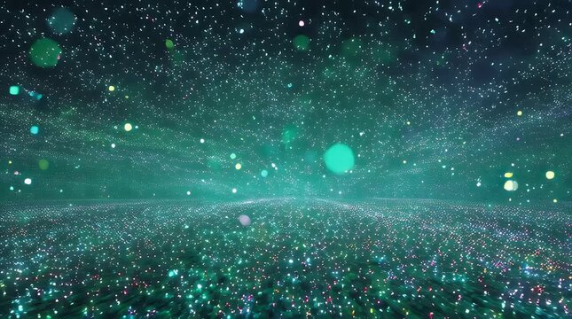 Abstract digital art depicting a vibrant green tunnel of light and particles creating a futuristic immersive and ethereal atmosphere perfect for technology backgrounds