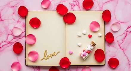 Romantic Open Diary with Red Rose Petals and Hearts on Pink Marble