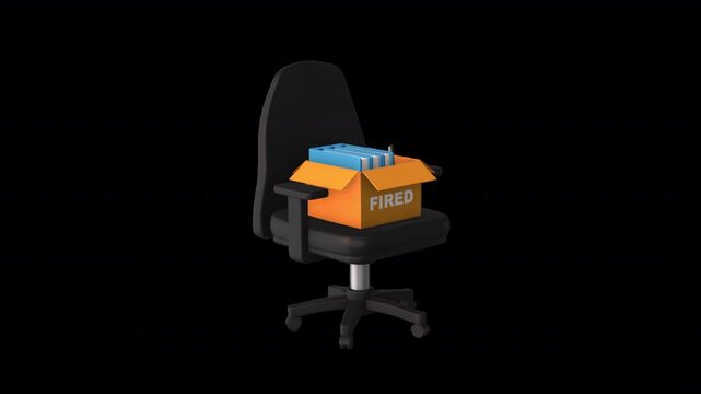 Unemployment job loss animated icon showing a fired office box on chair. 8 second smooth motion with transparent background, ideal for business, layoffs, HR issues, workforce reduction,