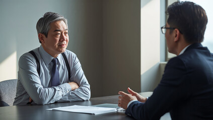 オフィスで若手社員と面談する日本人上司のビジネスシーン