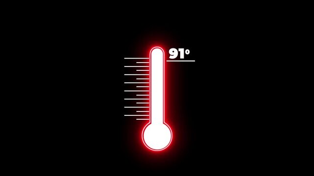 Neon Medical thermometer icon animation on with black background. Digital Temperature Meter Display 91 degree increse or decline. Thermometer equipment showing hot or cold weather.