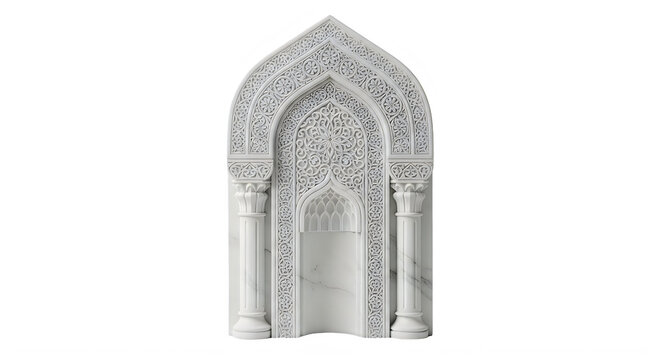 An ornate white marble mihrab featuring intricate geometric and floral carvings in islamic style isolated on transparent background