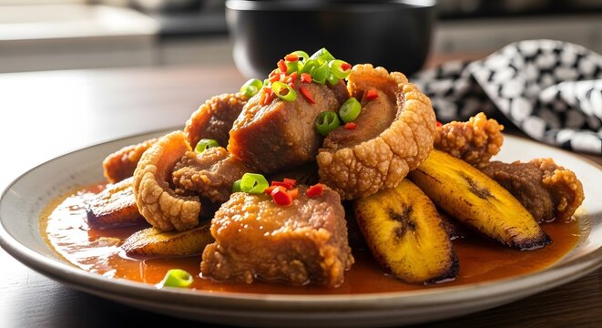 Savory Pork Chicharron with Fried Plantains and Spicy Garnish