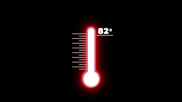 Neon Medical thermometer icon animation on with dark background. Thats indicates weather temperature 82 degree increse or decline animation. Thermometer equipment showing hot or cold weather.