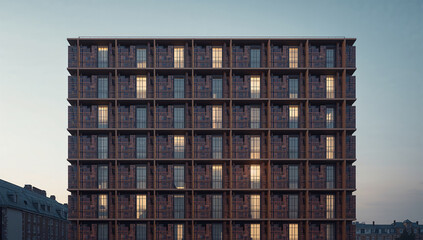 巨大な本棚のビル壁に住居が並ぶ発想を象徴するミニマル建築写真