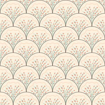 Art Deco inspired scallop pattern with delicate drawn floral sprigs in vintage pastel colors