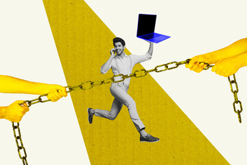 Banner full 3d photo trend image collage of happy businessman speak phone carry laptop device hands...