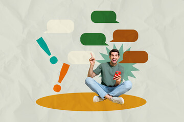Fototapeta na wymiar Banner 3d art pop image collage of happy guy hold phone point exclamation mark bubble communication speech chatterbox icon