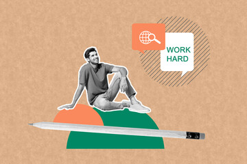 Composite trendy magazine photo collage of happy businessman sit office pencil supply web...