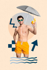 Creative artwork sketch image collage of young man stand smile hold cocktail glss umbrella protect...