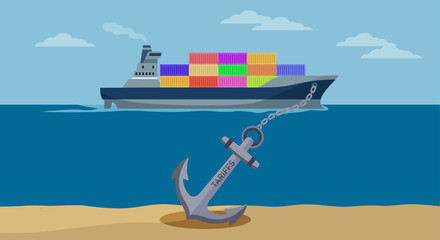 Barco de carga con contenedores en el mar y un ancla en el fondo marino con la palabra aranceles © Gabrieuskal