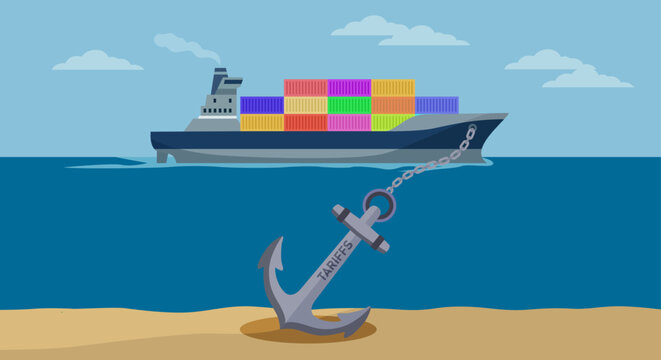 Barco de carga con contenedores en el mar y un ancla en el fondo marino con la palabra aranceles