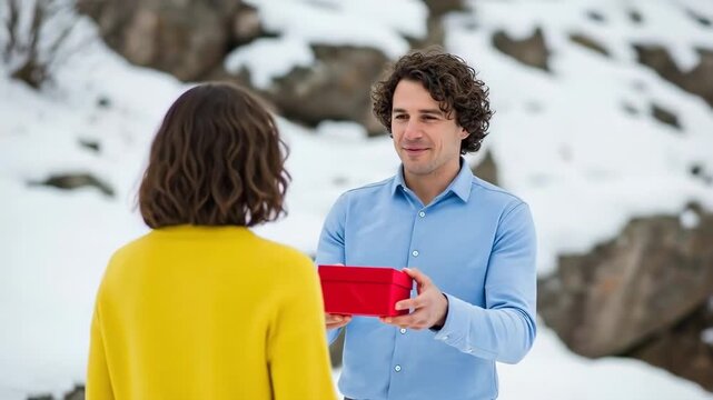 A man proposing to his girlfriend with a ring in a snowy winter landscape