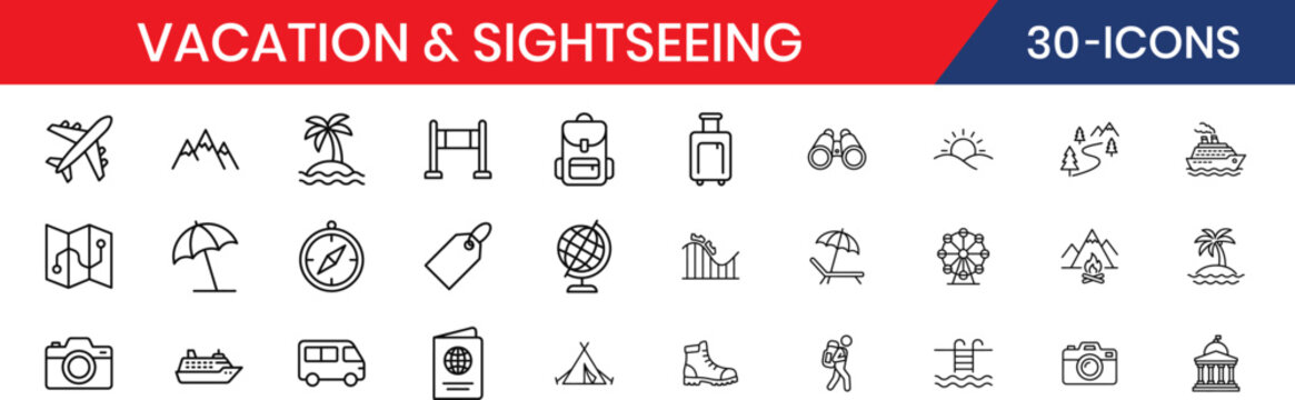 Vacation & Sightseeing thin line icon set