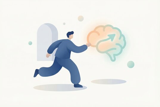 Dynamic individual in pursuit of cognitive insights illustrated with stylized brain symbolizing knowledge acquisition navigating intellectual growth and creative problem solving