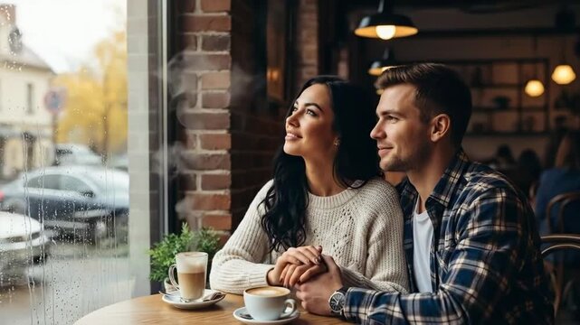 A romantic couple enjoying coffee together in a cozy cafe during a date