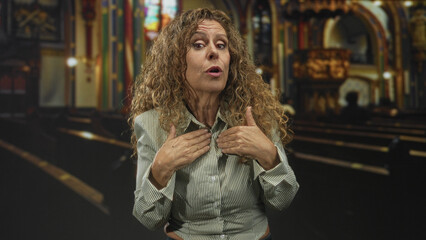 Middle aged woman with open hands palms up asking gesture in ornate church building, stained glass...