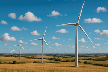 Fototapeta premium Wind turbines in golden field under blue sky with clouds renewable energy farm wind turbine.