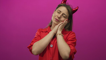 Obraz premium Blonde woman with devil horn headband pressing hands to cheek for sleep gesture in magenta studio setting; serenity.