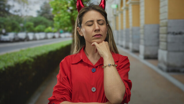 Middle aged blonde woman resting hand on chin on a city street wearing red shirt and devil horns; contemplation.