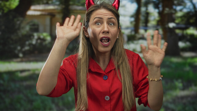 Woman wearing devil horn headband and red shirt points both thumbs to chest and makes ok sign in forest; self confidence.