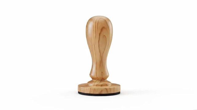 A rubber stamp with a wooden handle sits on a white background for