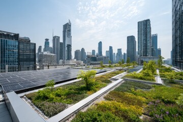 Fototapeta premium Urban Green Roof with Solar Panels and City Skyline: Sustainable Architecture and Renewable Energy