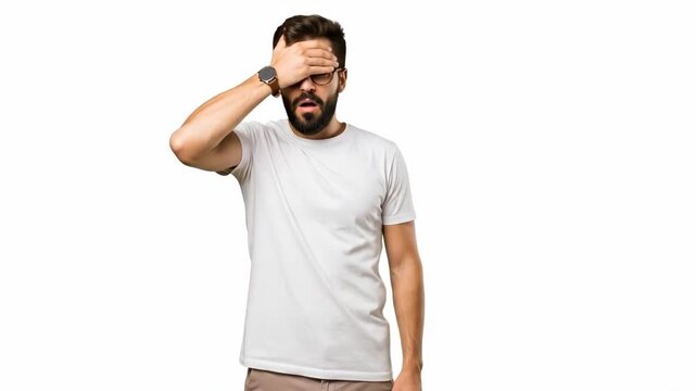 A man in a white t-shirt covering his face with his hand