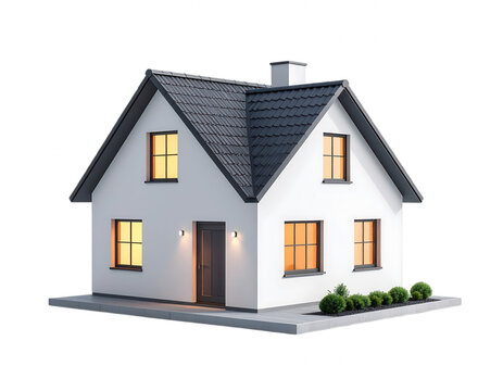 Small transparent background white house with black roof and... isolated on a transparent background