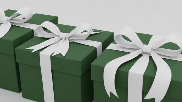 A row of green gifts wrapped with white ribbons showcasing presents