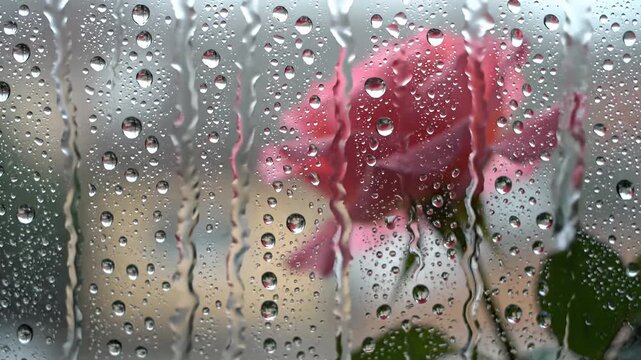 Raindrops on window glass with blurred pink rose outside