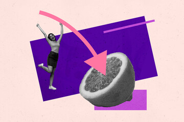 Exclusive creative collage of happy girl stand arrow point lemon half citrus nutrition fruit detox...