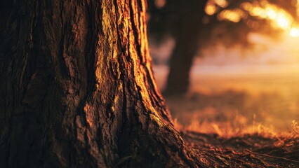 Golden Sunlight on Textured Tree Bark at Sunset