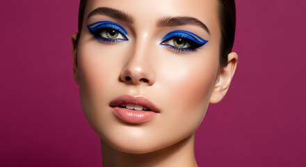 Fototapeta premium Close-up portrait of a beautiful woman with bold blue winged eyeliner and flawless makeup.