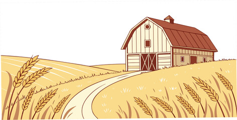 a red and white barn on a hill with a dirt road Vector © zalal