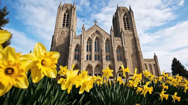 Beautiful Daffodils Bloom in Front of Majestic Cathedral Architecture.