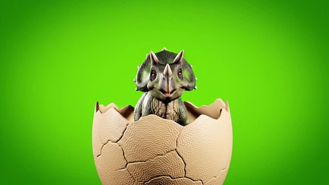 Baby Triceratops dinosaur hatching from a cracked egg on green screen
