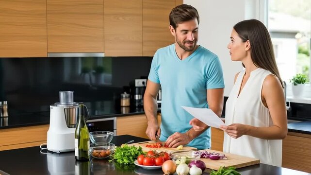 A couple preparing a healthy meal together in a modern kitchen with guidance