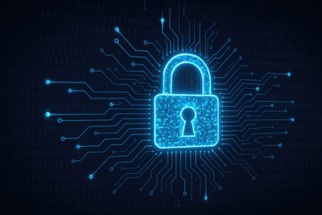 Digital padlock on circuit board with binary code data flow, cybersecurity, network padlock.