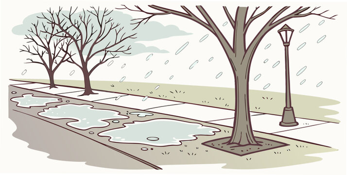 a snowy park with trees and a walking path Vector
