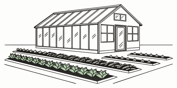 a greenhouse with a gable roof and plant beds Vector