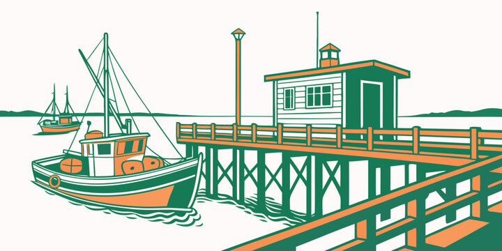 a boat is docked at a pier with a small building Vector