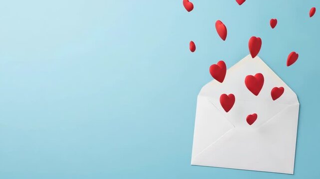 A romantic of red hearts flying out of a white envelope on a blue background