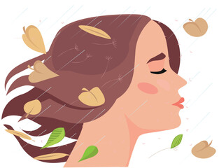 Profile portrait of a young woman with long hair in autumn rain, falling leaves background. © Tatyana