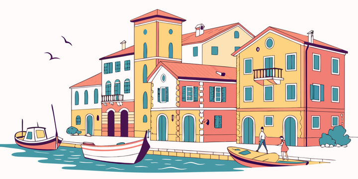 colorful buildings by the waterfront in a small town Vector