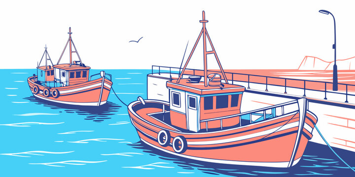 two orange boats are docked at a pier Vector