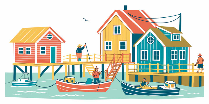 a colorful illustration of houses on stilts with boats Vector