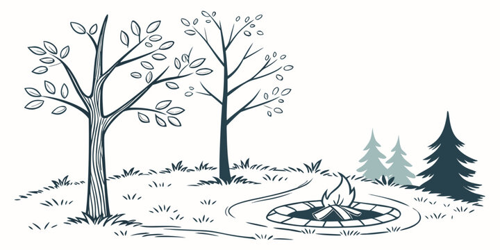 a snowy landscape with trees and a frozen pond Vector